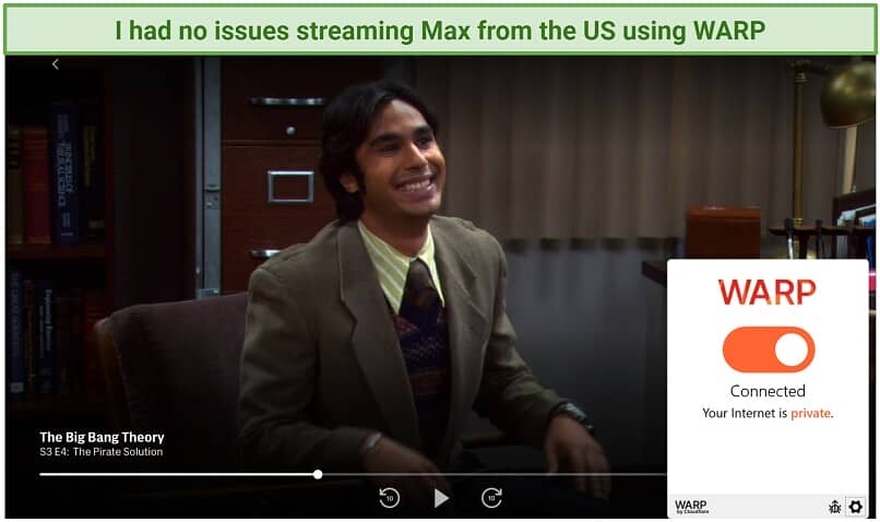 Screenshot of Max player streaming Big Bang Theory while connected to WARP