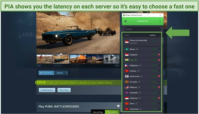 Screenshot of PIA's window app showing the server list while PUBG's Steam page is open in the background.