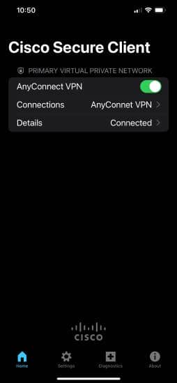 Cisco Secure Client successfully connected. If successful we'll observe the connected status on the Details section of the home page.
