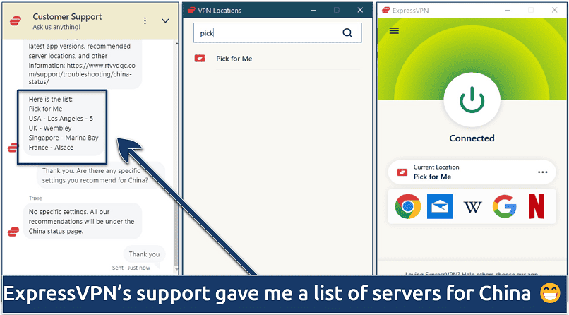  Screenshot of ExpressVPN's Windows app and a live chat conversation regarding recommended servers for China