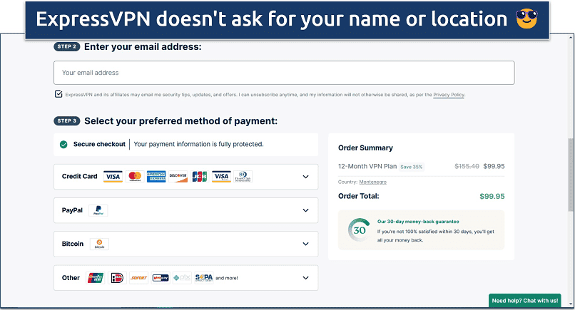 Screenshot of ExpressVPN's payment page