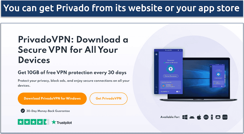 Screenshot of PrivadoVPN's website highlighting the page that offers the Windows download application