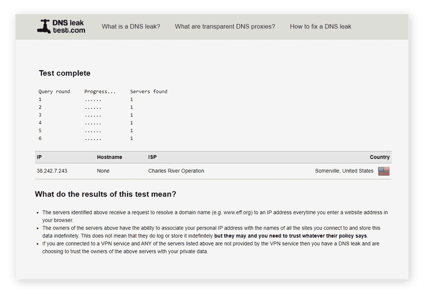 Performing an extended DNS test on DNSLeakTest