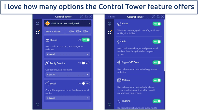 Screenshot of the PrivadoVPN Windows app highlighting the Control Tower blocker feature 