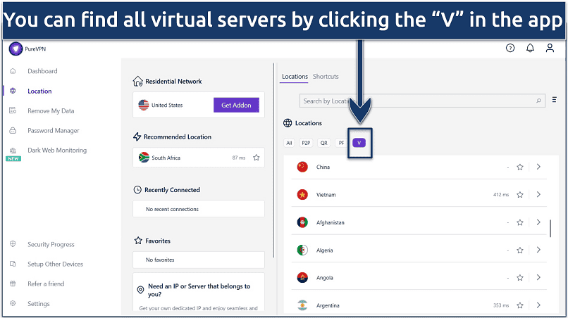 A screenshot showing  PureVPN's servers alongside shortcut features for P2P, quantum-resistant servers, port forwarding, and virtual servers within the Windows app