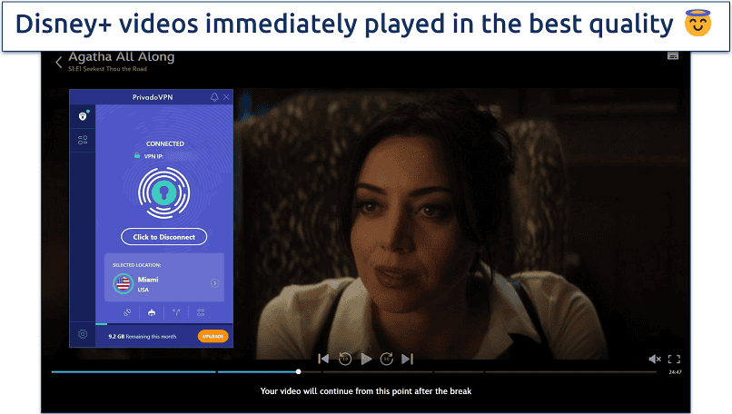 Screenshot of Disney+ player streaming Agatha All Along while connected to PrivadoVPN's free Miami server