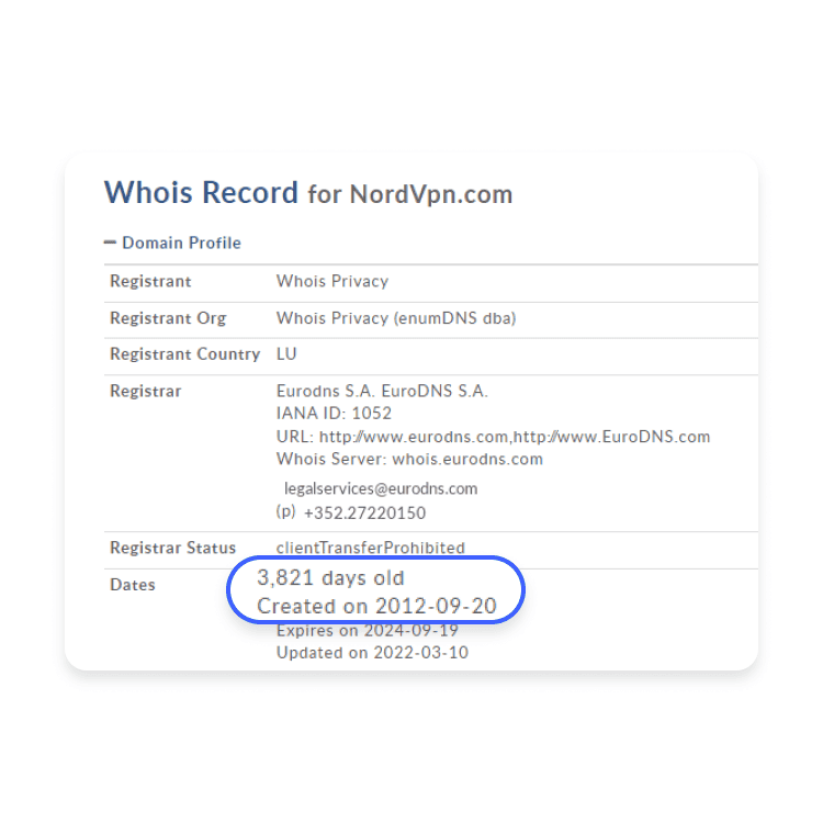 example of domain age info on whois lookup page