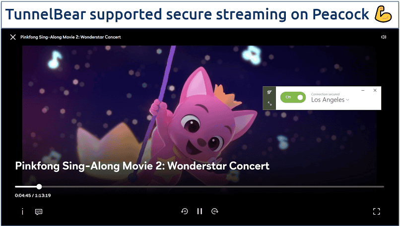 A screenshot of Peacock streaming Pinkfong Sing-Along Movie 2: Wonderstart Concert while connected to TunnelBear's US server