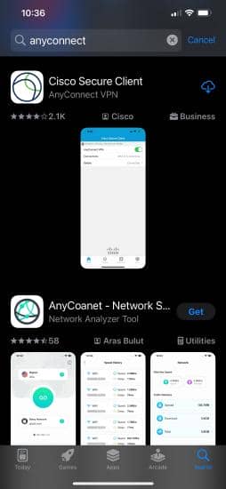 iOS app store option for Cisco Secure Client download.
