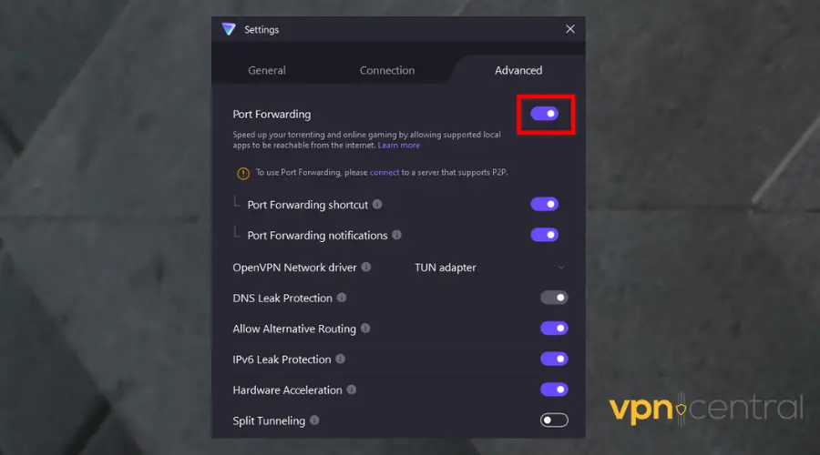 proton vpn port forwarding feature in main UI