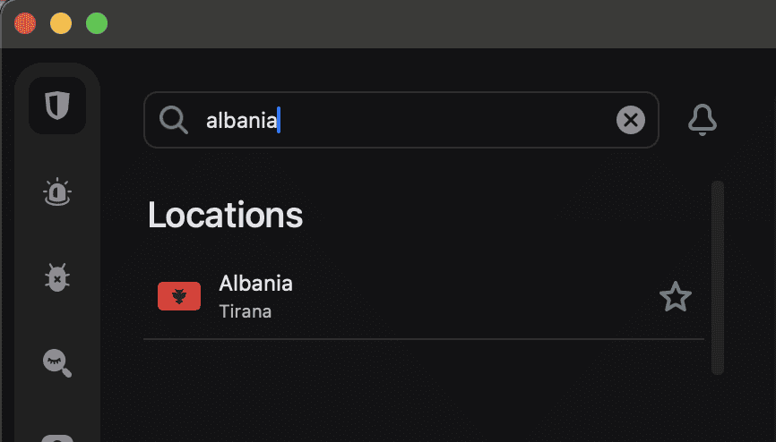 Screenshot of the Surfshark app when searching for Albania to block YouTube ads