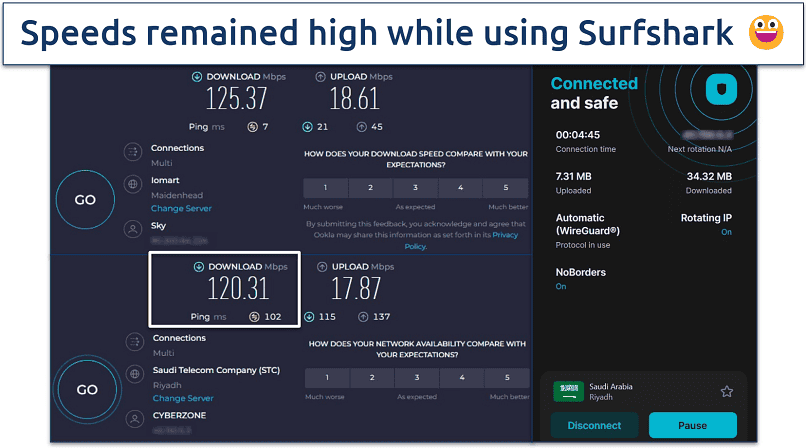 An image showing Surfshark's speeds drop while connected to servers in KSA