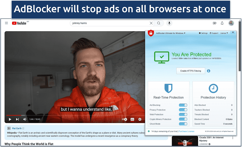 Screenshot of AdBlocker Ultimate on Windows while streaming on YouTube ad-free