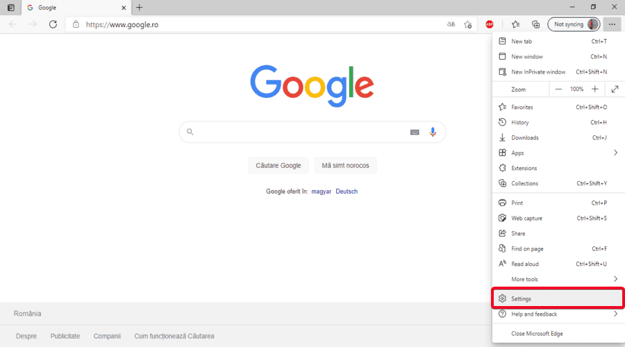 Microsoft Edge shows the menu Settings button