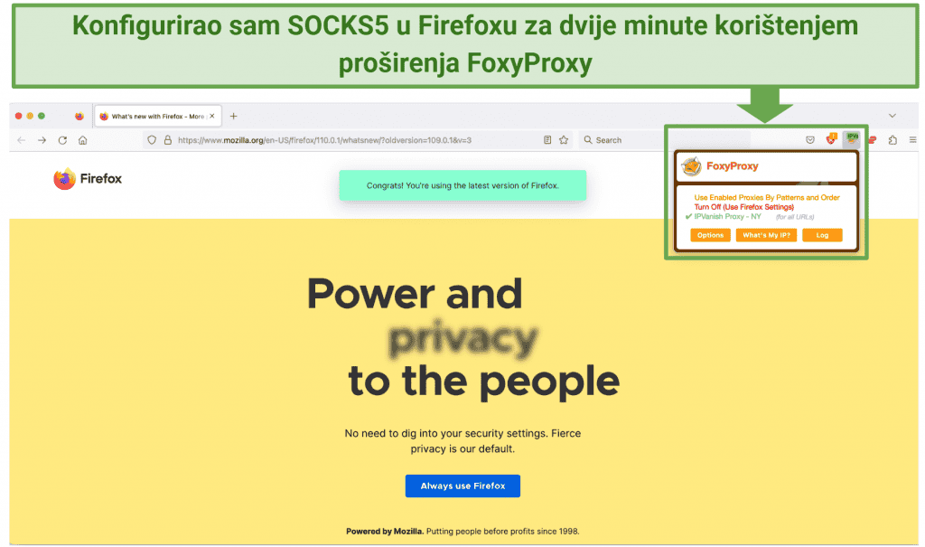 Screenshot showing a Firefox browser connected to a SOCKS5 proxy in New York