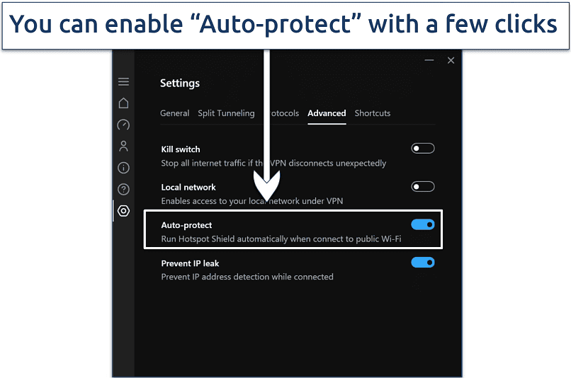 Screenshot showing how to enable Hotspot Shield's 