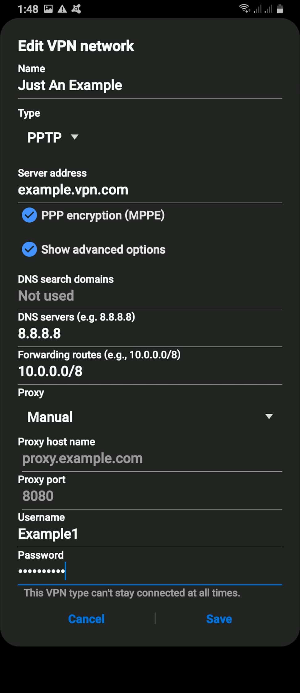 Advanced options when setting up a VPN from settings