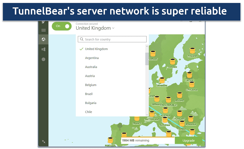 Screenshot of TunnelBear's server list