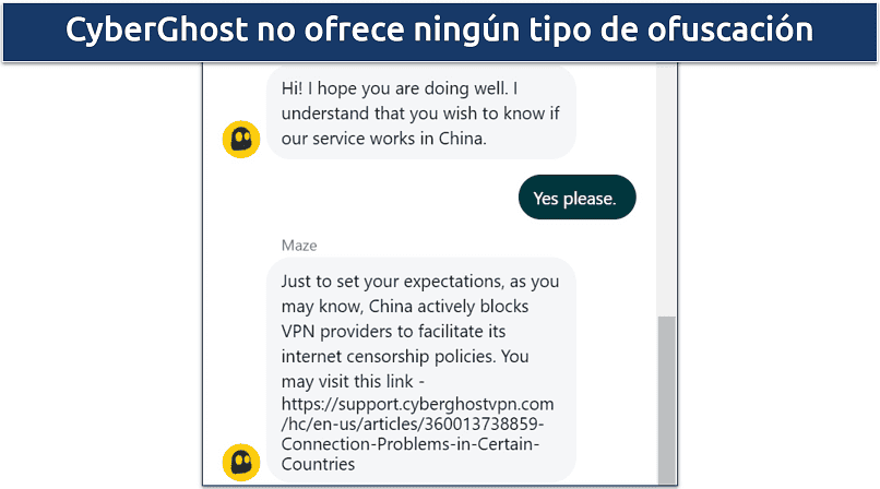 Screenshot of a live chat conversation with CyberGhost support where the staff informed me the VPN doesn't work in China 