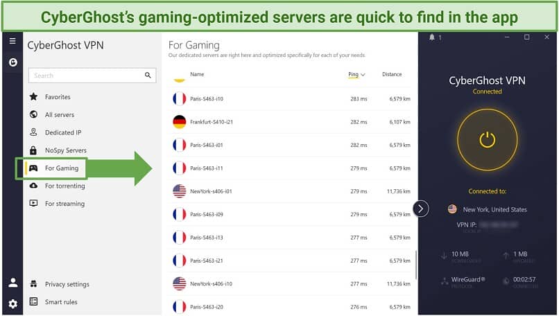 Screenshot of CyberGhost's window app showing gaming-optimized servers.