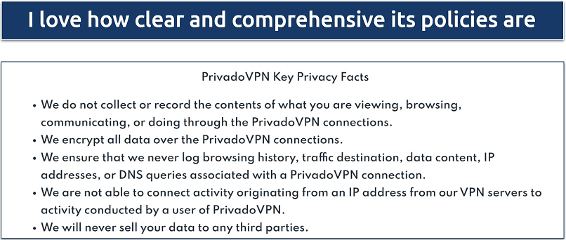 Screenshot of PrivadoVPN's privacy policy in the section labelled 