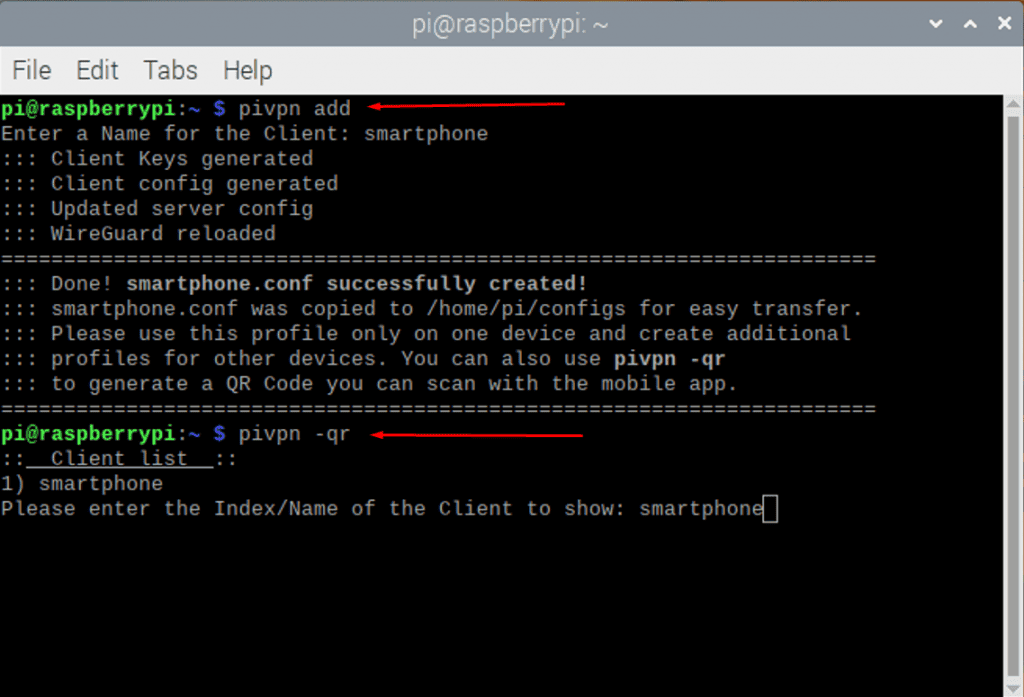 Użyj pivpn add, aby dodać klienta, a następnie użyj pivpn -qr, aby uzyskać kod QR do zeskanowania przez telefon