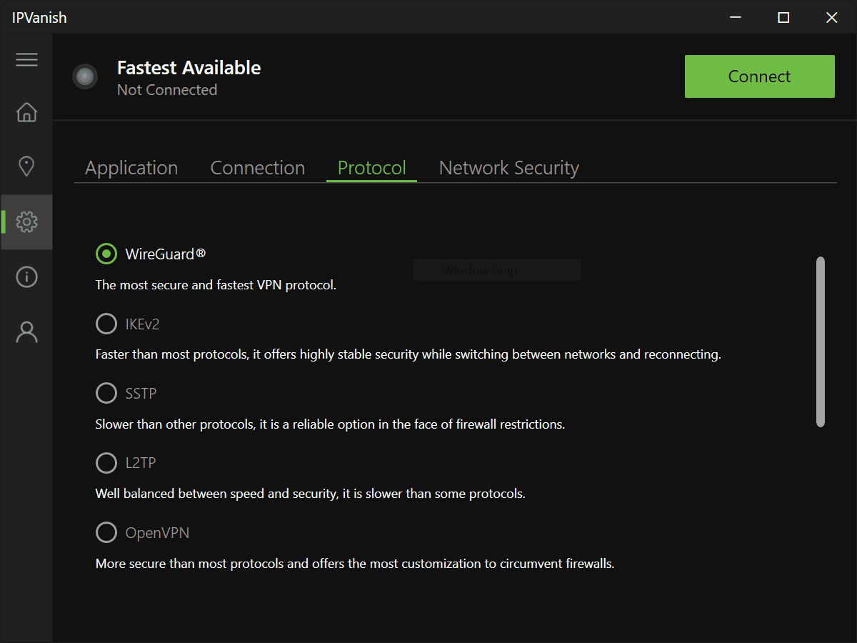 Los ajustes de protocolo de IPVanish en Windows