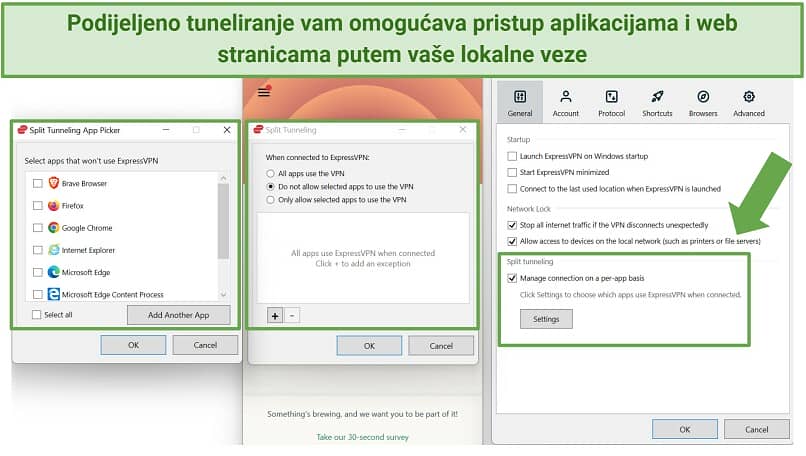 Screenshot of ExpressVPN split tunneling features on Android and Windows apps