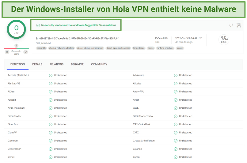 A screenshot of a VirusTotal test showing that Hola VPN's Windows installer doesn't contain malware