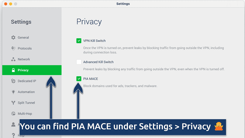 Screenshot of the PIA MACE feature in the Private Internet Access Settings menu