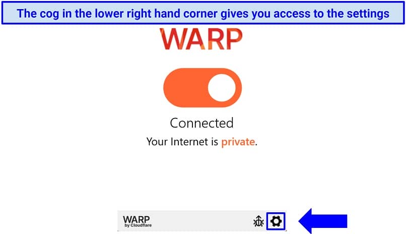 Screenshot of WARP Windows apps highlighting where to access the settings menus