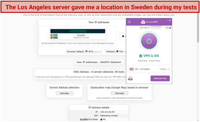 Screenshot of leak test performed on ipleak.net while connected to PrivateVPN