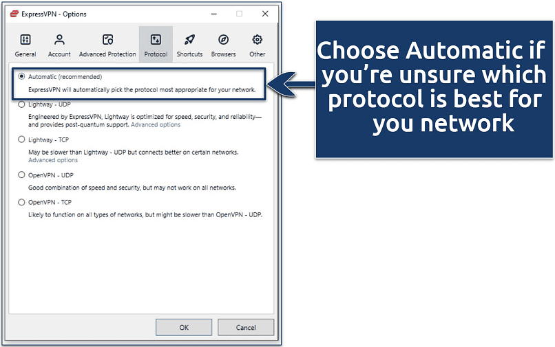 Screenshot of the ExpressVPN settings tab showing available VPN protocols