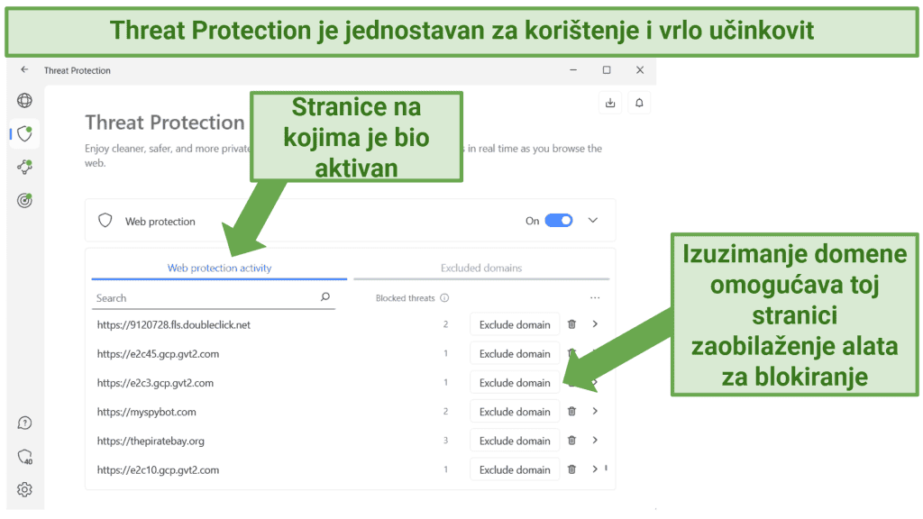 screenshot showing NordVPN's threat protection feature displaying which sites it blocked threats on