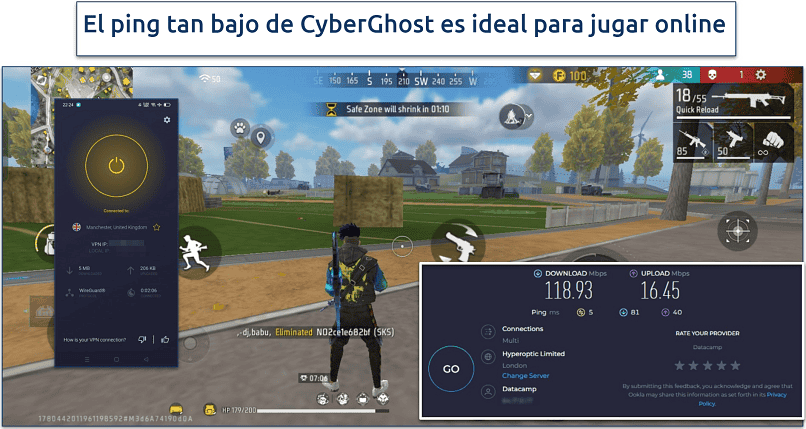 Screenshot of Free Fire gameplay with CyberGhost connected