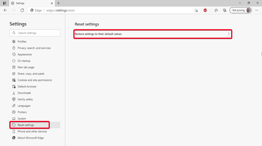 Microsoft Edge shows Reset settings to default values option