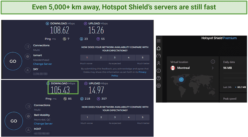 A screenshot showing Hotspot Shield fast Canadian server