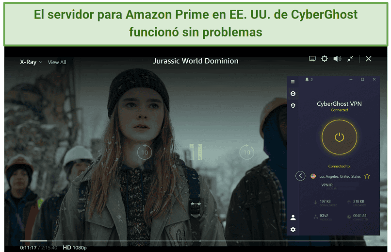 Screenshot of Jurassic World Dominion streaming on Prime Vide US with CyberGhost connected