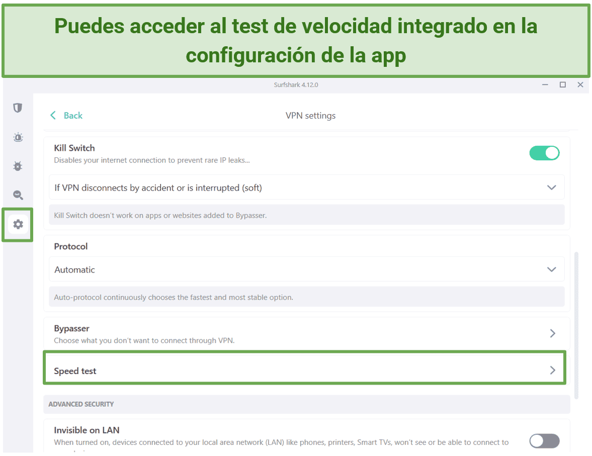 Screenshot showing how to use Surfshark's speed test tool