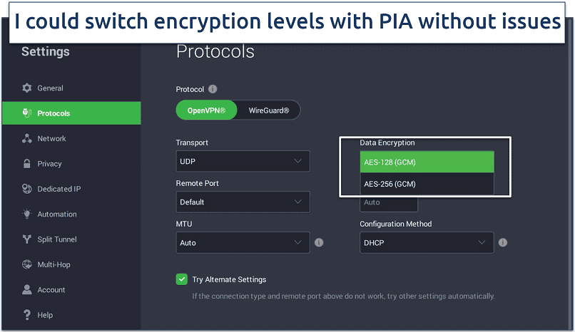 An image showing PIA's customizable security features