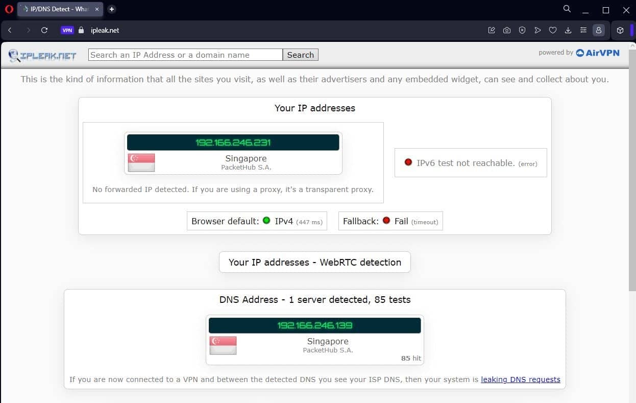 Opera VPN IP sızıntı testi