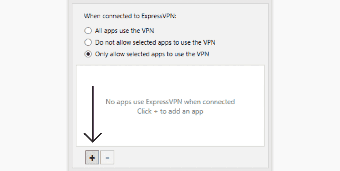 Seleccione "Permitir solo a las aplicaciones seleccionadas usar la VPN" y después haga clic en el símbolo de más.