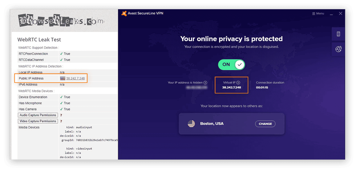 Checking for WebRTC leaks with BrowserLeaks when using Avast SecureLine VPN