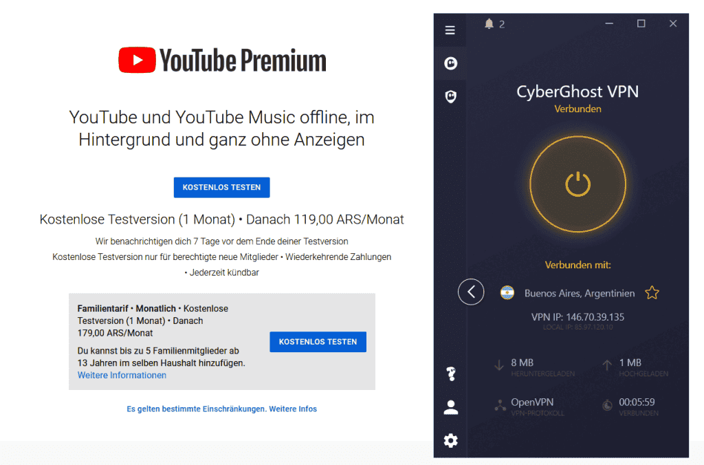 youtube premium argentinien cyberghost