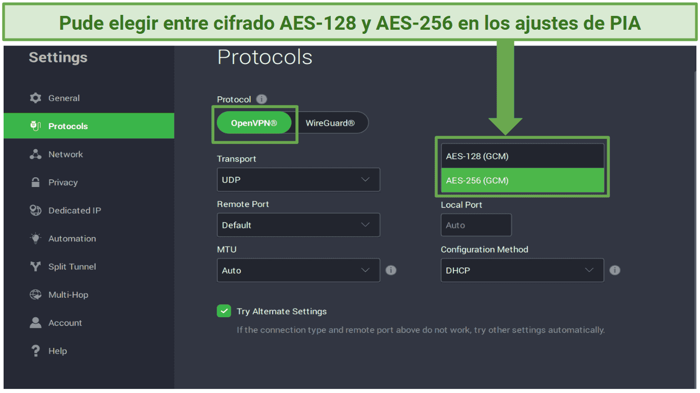 Image of PIA's protocol settings that allow users to choose between 128-bit and 256-bit encryption when using OpenVPN.