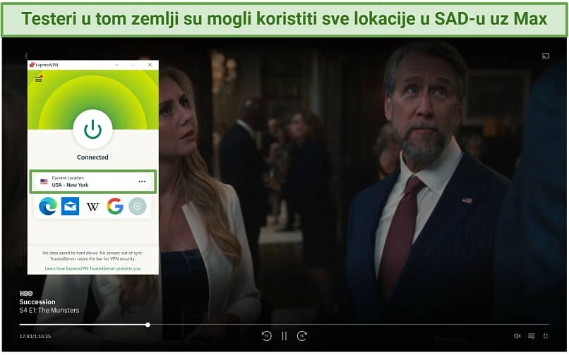 Screenshot of Max player streaming Succession while connected to ExpressVPN's New York server
