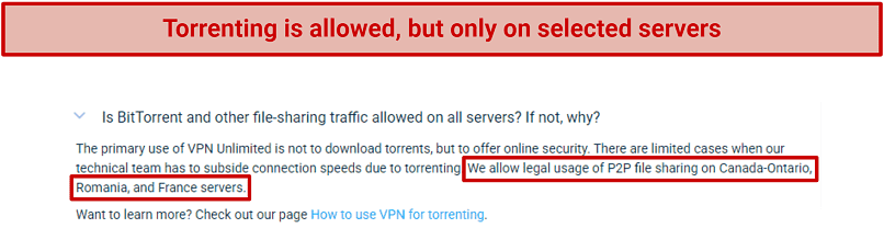 Graphic showing VPN Unlimited's torrent policy