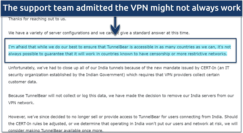 A screenshot showing TunnelBear's support team confirming the VPN may work in China