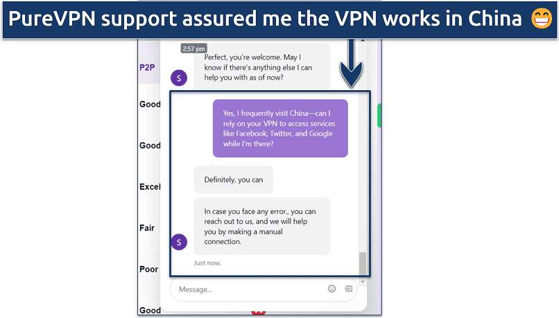 A screenshot showing PureVPN's support team confirming the VPN works in China