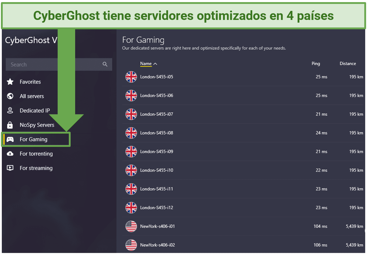 A screenshot showing cyberghost's optimized gamingservers